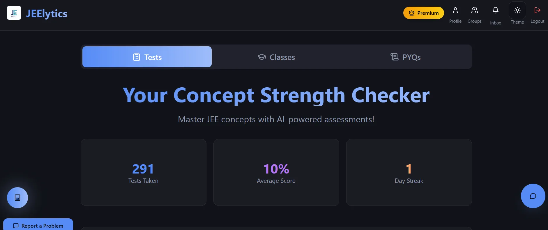 Dashboard of JEElytics, an AI-powered EdTech platform founded by Nilay Raj