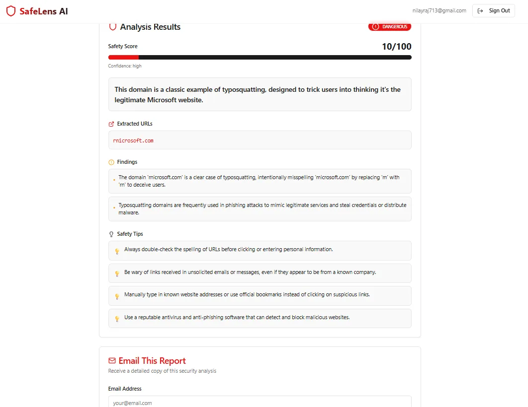 SafeLens AI cybersecurity platform interface for detecting phishing and scams